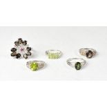 Five various gemstone set sterling silver rings,