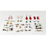 Approximately twenty-two pairs of sterling silver gem set earrings, comprising pink mother of pearl,