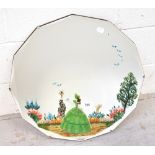 A mid-20th century bevel edge mirror painted with a lady in period costume,
