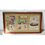 In the Mughal style printed fabric in the form of three book plates with various figural scenes of