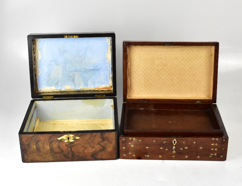 A Victorian walnut work box with abalone shell inlay to the top and escutcheon, lacking interior,