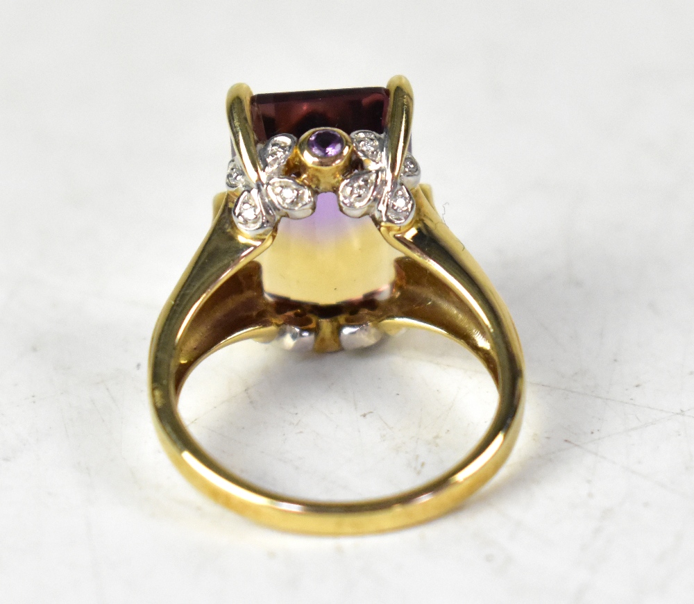 A 9ct yellow gold ring with an emerald cut ametrine bi-colur stone, on an ornate mount, size N, - Image 3 of 3