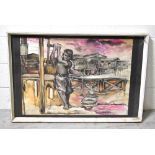 UNATTRIBUTED; watercolour, harbour scene with child at well, indistinctly signed lower right,