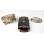 A George V hallmarked silver jewellery box with blue velvet lining, Birmingham 1918 (af),