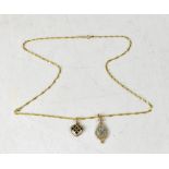A 9ct gold dainty flat chain necklace, length approx 52cm and two pendants,