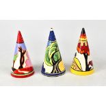 WEDGWOOD 'BIZARRE' BY CLARICE CLIFF; three hand painted limited edition conical sugar shakers,