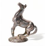 A silver horse figure in semi-rearing style, shown with head up and tail down,
