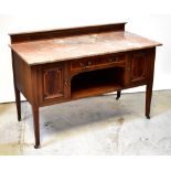 An Edwardian mahogany and satinwood inlaid marble-topped wash stand with raised back, width 122cm.