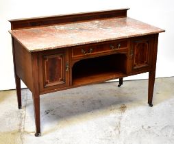 An Edwardian mahogany and satinwood inlaid marble-topped wash stand with raised back, width 122cm.