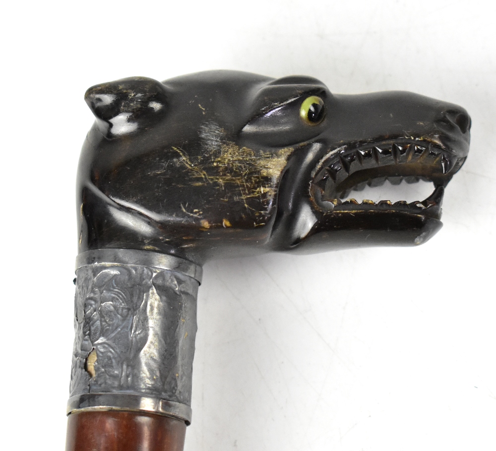 A late 19th early 20th century blackthorn walking stick with carved wooden handle in the form of a - Image 3 of 5