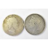 Two George III silver crowns, 1819 and 1821, both with George and the Dragon to the reverse,