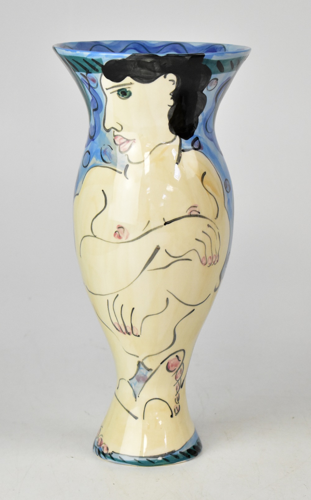 KAREN ATHERLEY; a hand painted baluster vase with narrow base and flared neck,