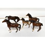 BESWICK; three gloss brown foals and two