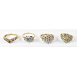 Four 9ct yellow gold dress rings compris