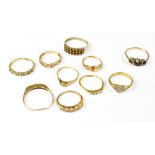 Ten 9ct yellow gold rings, to include on