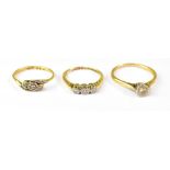 Three 18ct yellow gold dress rings, one