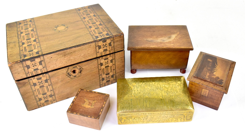 Five various wooden boxes to include a J