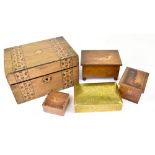 Five various wooden boxes to include a J