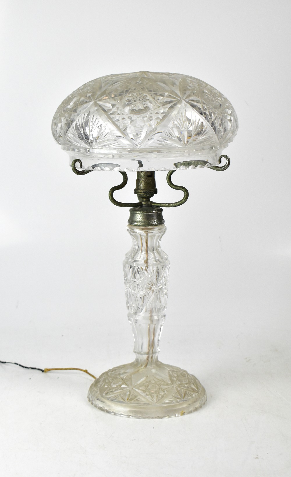 A cut glass mushroom lamp of typical form with chrome plated mount (chrome plating badly corroded),