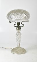 A cut glass mushroom lamp of typical form with chrome plated mount (chrome plating badly corroded),