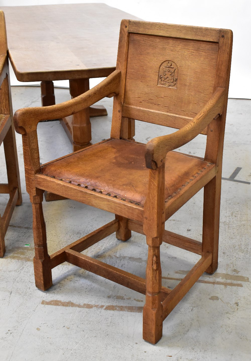 ROBERT 'MOUSEMAN' THOMPSON (1876-1955); an oak dining suite comprising hand adzed refectory table, - Bild 2 aus 13