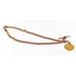 A 9ct rose gold watch chain with T-bar a