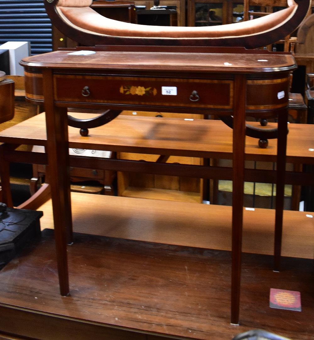 A mahogany cross banded hall table, single drawer with floral inlay, to tapering supports.