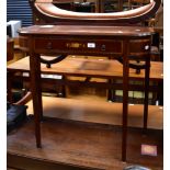 A mahogany cross banded hall table, single drawer with floral inlay, to tapering supports.