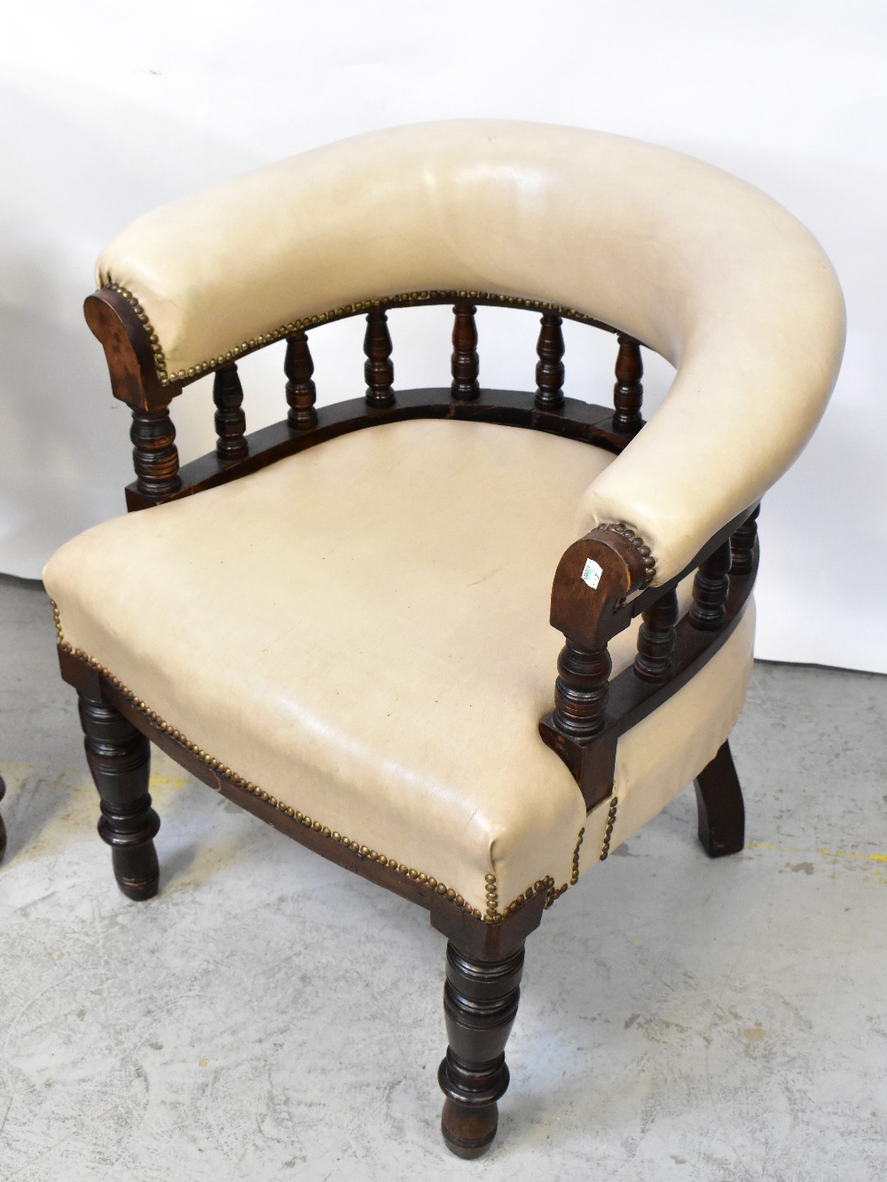A pair of Victorian walnut framed bow back library chairs upholstered in beige leatherette with - Image 2 of 5