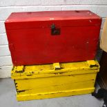 Two 19th century wooden travel chests, one painted red, the other sunshine yellow,