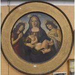 A large circular ecclesiastical artwork of Madonna and Child with accompanying angels,