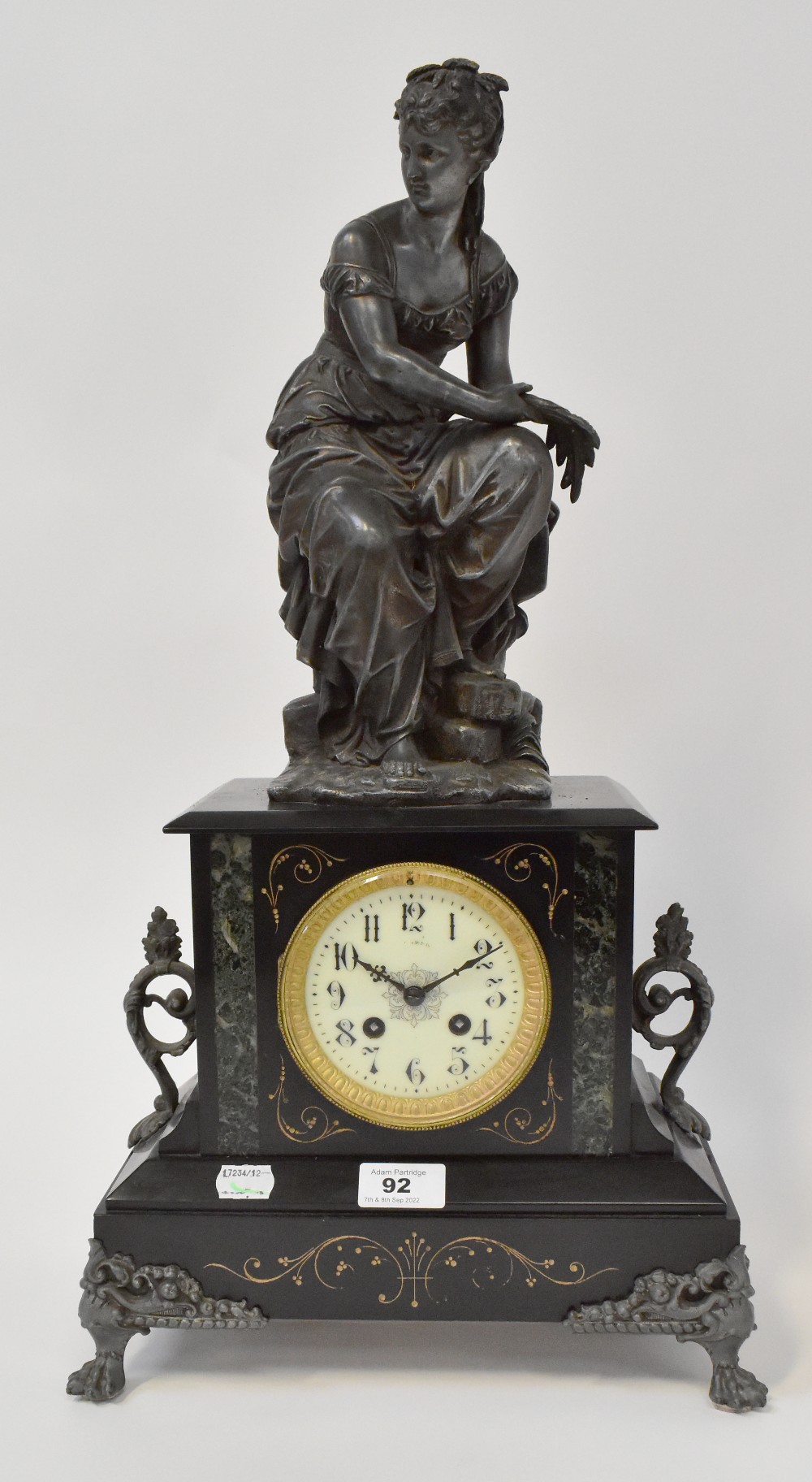 A 19th century slate marble inlaid eight day clock with spelter young woman to the top, - Image 7 of 7