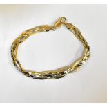 A 9ct yellow and white gold woven flat link bracelet with lobster claw clasp, length approx 19cm,