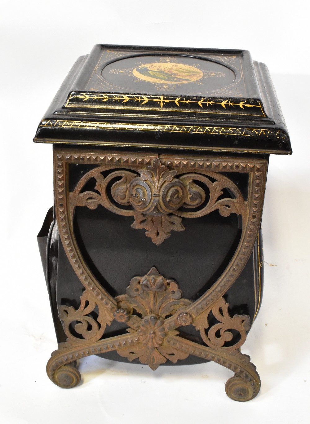 A 19th century hand painted and gilt-heightened black lacquered tin plate purdonium coal cabinet