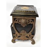 A 19th century hand painted and gilt-heightened black lacquered tin plate purdonium coal cabinet