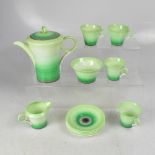 WITHDRAWN SHELLEY; an Art Deco green 'Regent Swirl' pattern tea service comprising teapot,