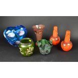 Six studio and retro glass vases comprising a large Murano-style blue ground heart-shaped vase with