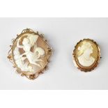 Two 19th century 9ct gold cameo brooches, the largest carved shell oval depicting Iris,