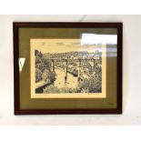 ALFRED WAINWRIGHT; a signed print, the bridge at Knaresborough, 18 x 23cm, framed and glazed.