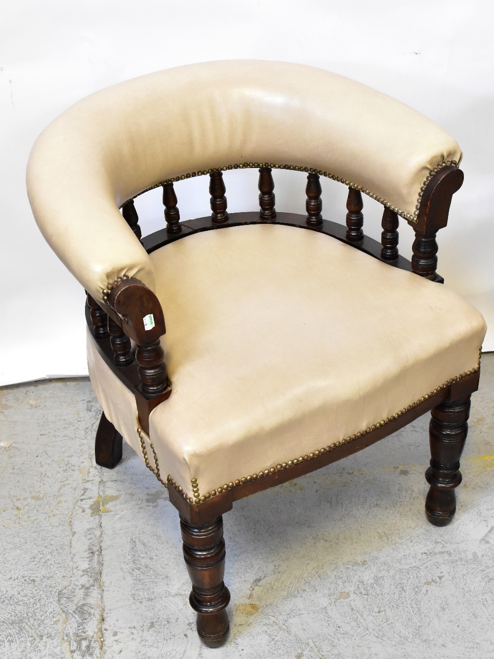 A pair of Victorian walnut framed bow back library chairs upholstered in beige leatherette with - Image 4 of 5