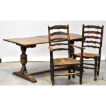 An early 20th century oak plank top refectory table raised on bulbous turned stretchered supports,