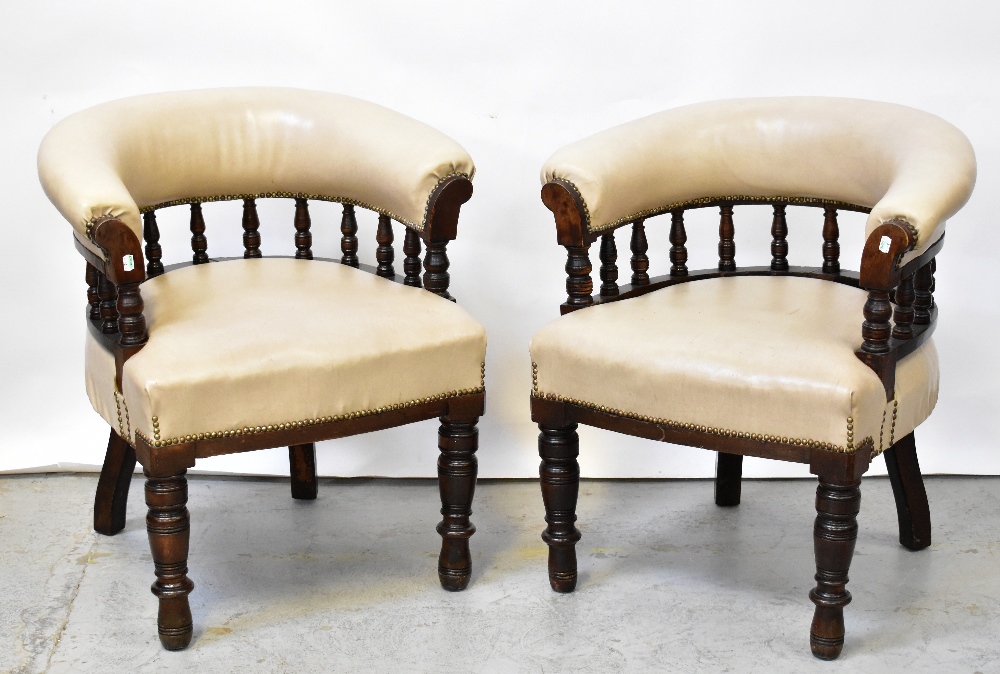 A pair of Victorian walnut framed bow back library chairs upholstered in beige leatherette with - Image 3 of 5