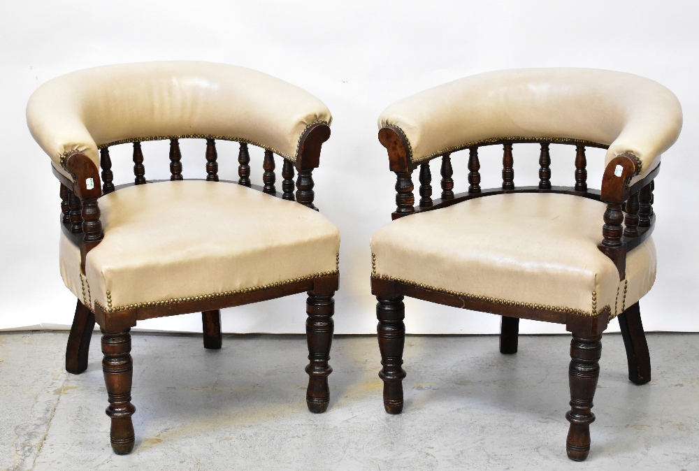 A pair of Victorian walnut framed bow back library chairs upholstered in beige leatherette with - Image 5 of 5