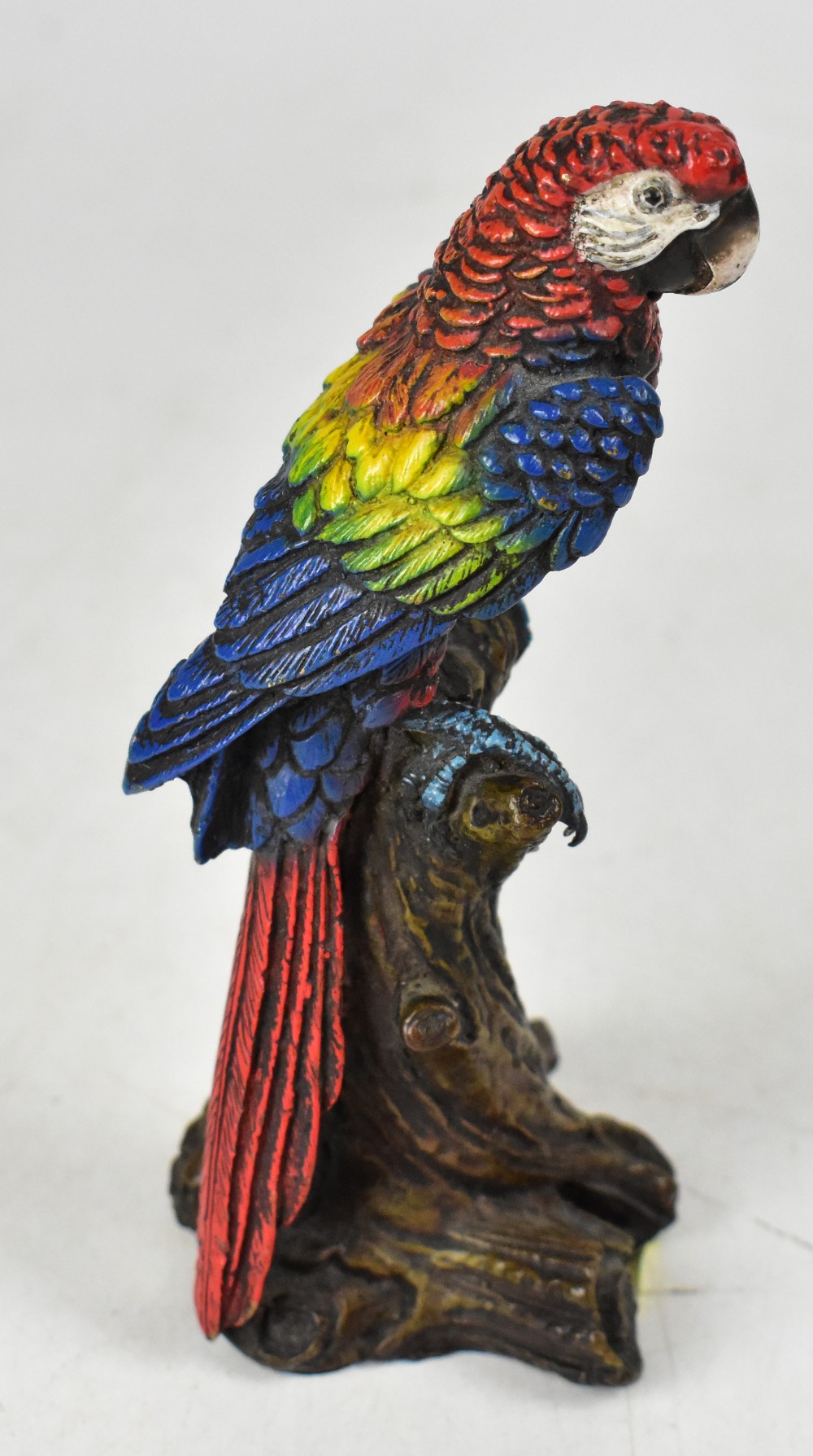 A small 19th century cold painted bronze figure depicting a colourful parrot perched on a branch, - Image 2 of 2