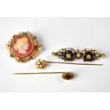 A group of Victorian and Edwardian yellow metal brooches to include a stick pin floral set with