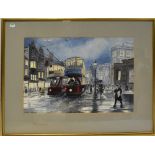 THOMAS H SHUTTLEWORTH (20th century); watercolour, busy street scene with trams,
