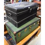 A vintage metal bound vinyl textured travel trunk and a further smaller dome topped example (2).