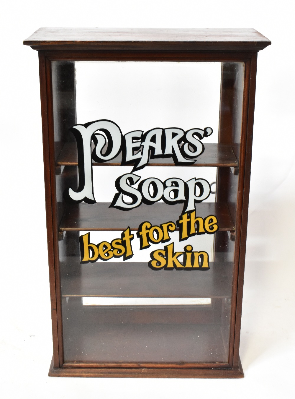 A pine mahogany stained glazed display cabinet with 'Pear's Soap' logo, with three interior shelves,