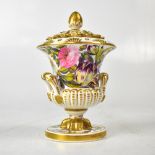 ROYAL CROWN DERBY; a twin-handled trumpet vase with cover, in the form of petals and stamen,
