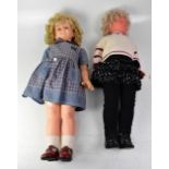 Five mid-20th century dolls to include a Pedigree baby doll in hand knitted clothes and three large